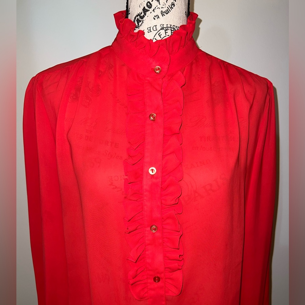 Alicia Vintage Red Ruffle High Neck Blouse Secretary Victorian Romantic Size 14 - Picture 3 of 11